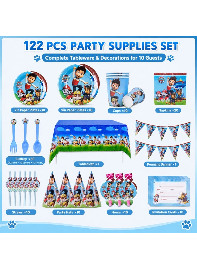 Kidzilla 122 PCS Paw Patrol Birthday Party Supplies Kit for Kids – Cartoon Rescue Theme Party Decorations Set with Plates, Cups, Napkins, Banner, Tablecloth, Hats, Invitations, Straws, Horns & Cutlery - Image 5