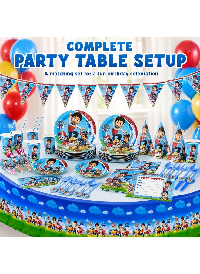Kidzilla 122 PCS Paw Patrol Birthday Party Supplies Kit for Kids – Cartoon Rescue Theme Party Decorations Set with Plates, Cups, Napkins, Banner, Tablecloth, Hats, Invitations, Straws, Horns & Cutlery - Image 4