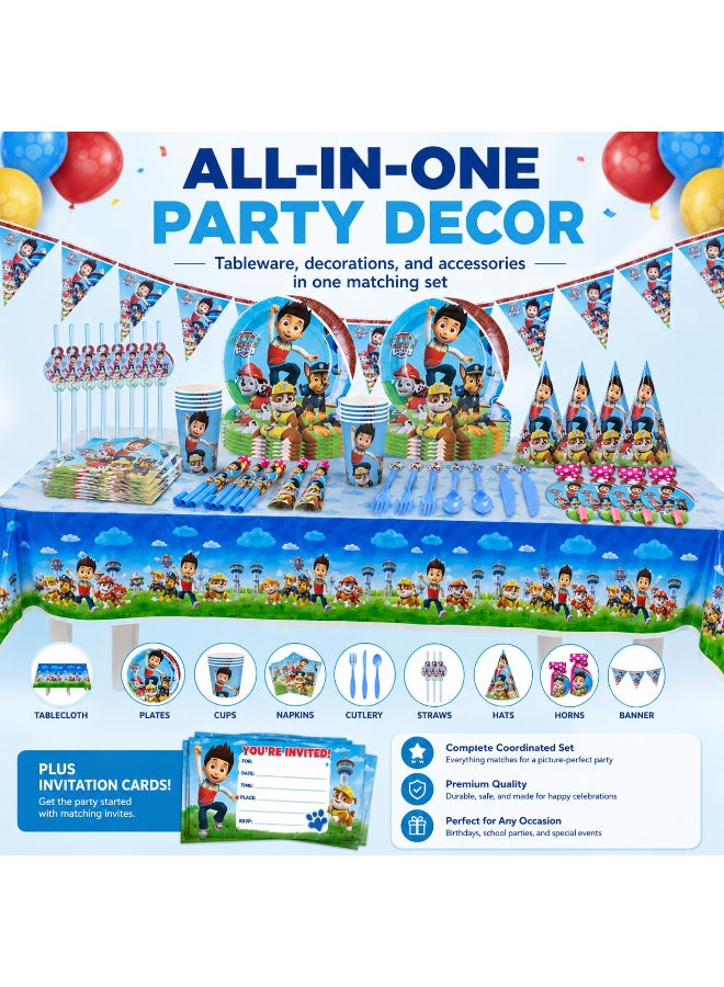 Kidzilla 122 PCS Paw Patrol Birthday Party Supplies Kit for Kids – Cartoon Rescue Theme Party Decorations Set with Plates, Cups, Napkins, Banner, Tablecloth, Hats, Invitations, Straws, Horns & Cutlery - Image 2