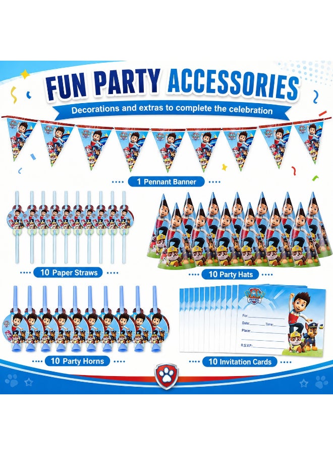 Kidzilla 122 PCS Paw Patrol Birthday Party Supplies Kit for Kids – Cartoon Rescue Theme Party Decorations Set with Plates, Cups, Napkins, Banner, Tablecloth, Hats, Invitations, Straws, Horns & Cutlery - Image 1