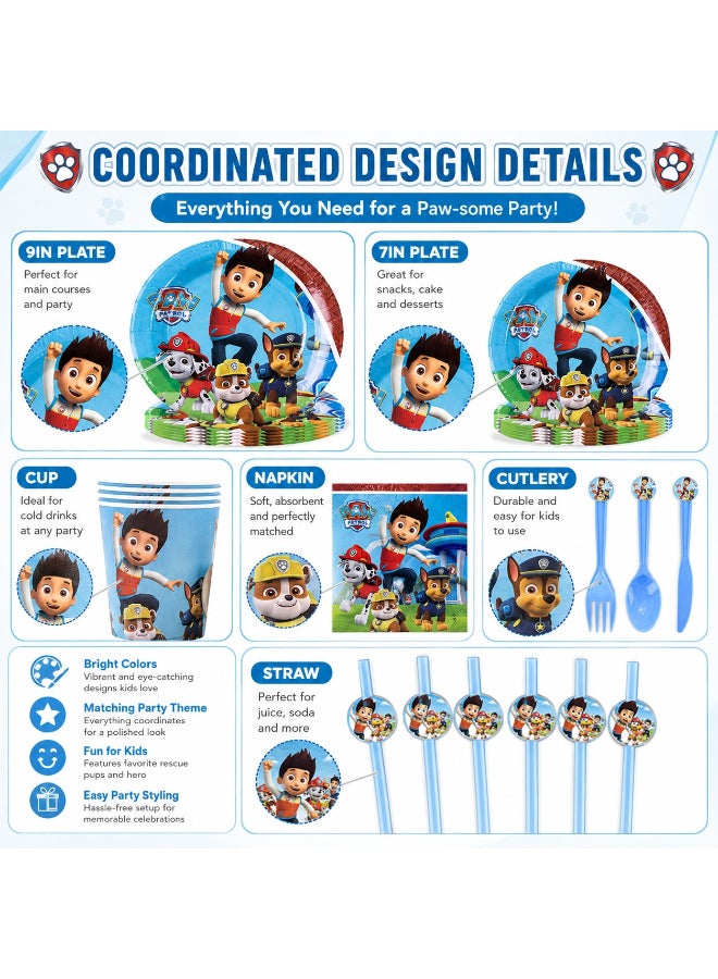 Kidzilla 122 PCS Paw Patrol Birthday Party Supplies Kit for Kids – Cartoon Rescue Theme Party Decorations Set with Plates, Cups, Napkins, Banner, Tablecloth, Hats, Invitations, Straws, Horns & Cutlery - Image 3