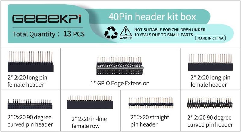 طقم رأس أنثوي قابل للتكديس 2x20 40 دبوس من GeeekPi لـ Raspberry Pi 4B/3B+/3B/2B/B+/A+/Zero/Zero W(2)/Jetson Nano/Tinker Board (7 مواصفات) (13 قطعة في المجموع) - Image 3