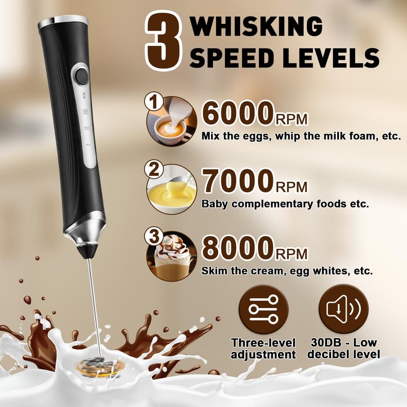 ANYOUI Rechargeable Milk Frother with Stand, 3 Speed Adjustable, 3 Whisks, Electric Handheld Frothers, Fast Recharge, Drink Mixer for Coffee, Milk, Lattes, Cappuccino Cream Matcha(Black) - Image 2