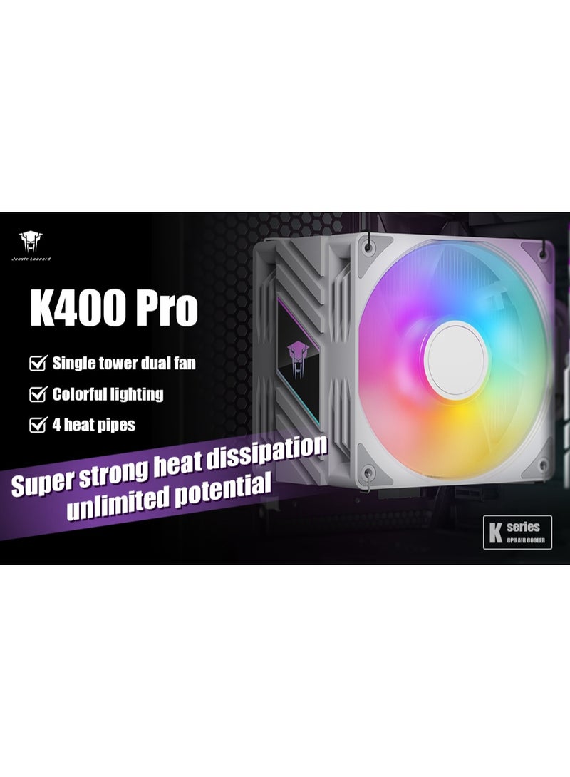 Jungle Leopard K400 PRO Dual Fan CPU Cooler | RGB Air Cooler | 120mm PWM Fans | High Airflow | Only Intel Compatible | Quiet 37dBA | 4 Heatpipes (White) - Image 2