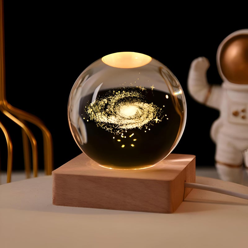 Crystal Ball Night Light - Enjoy the magic of the rotating galaxy with USB LED lamp featuring a luxurious wooden base, perfect for creating a relaxing ambiance in any room.(Small) - Image 1