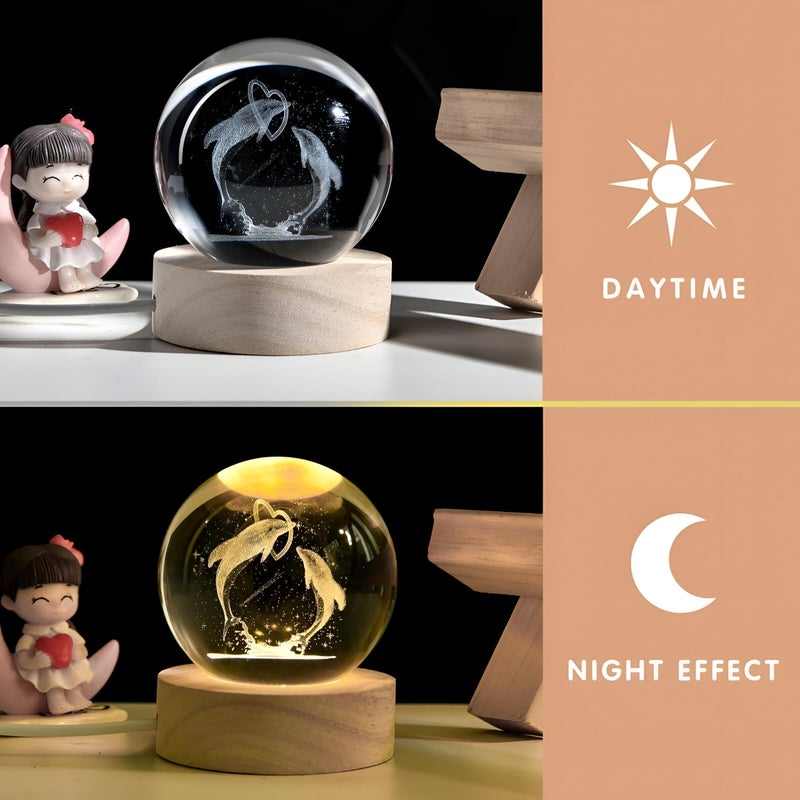 Crystal Ball Night Light - Enjoy the magic of the rotating galaxy with USB LED lamp featuring a luxurious wooden base, perfect for creating a relaxing ambiance in any room.(Small) - Image 2