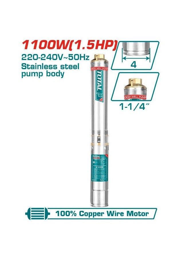 TOTAL Total 4" Deep Well Pump 1100W 1.5HP + Control Box– Stainless Steel, 6000L/h Flow, 112m Max Height, 8m Suction Lift, 20m Cable – Perfect for Deep Well Water Extraction, Irrigation & Industrial Use