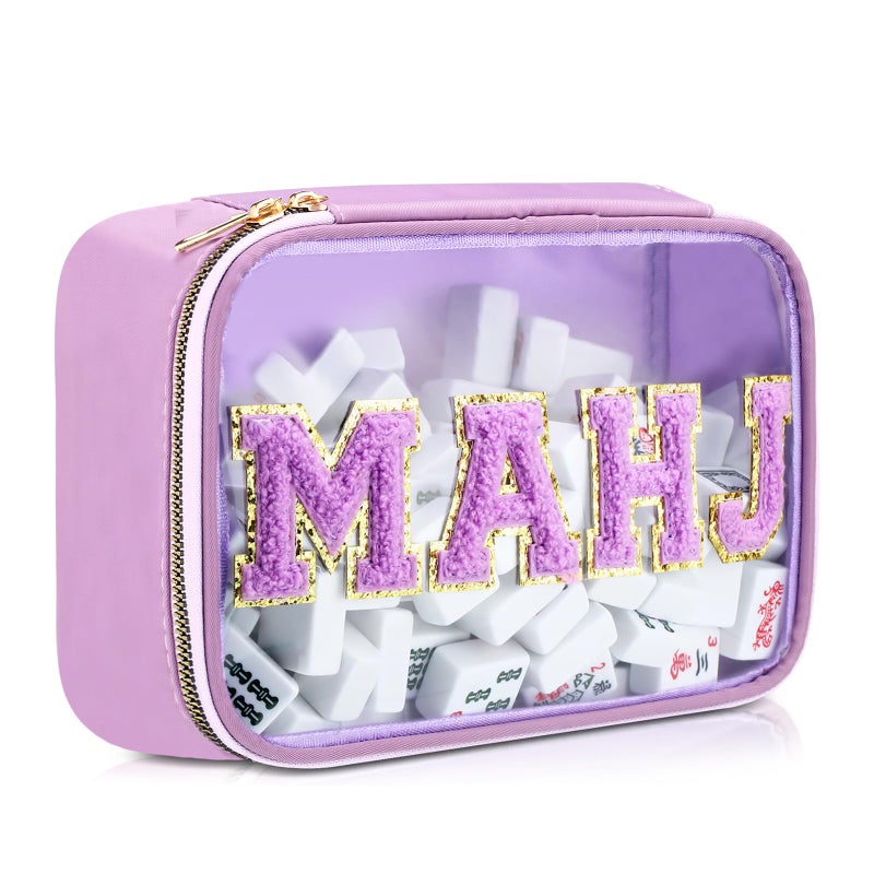 SilTriangle Empty Mahjong Tile Bag American Purple PVC Clear Mahjong Case Size 166 Waterproof Zippered Storage Tile Holder Rack Bag for Game Lover Gift Travel (Case Only) - Image 1