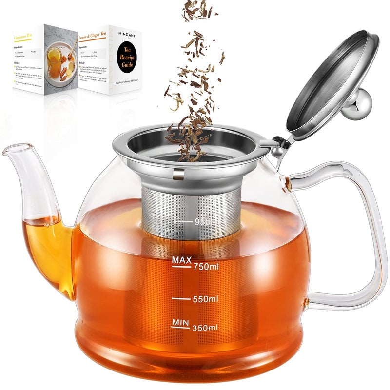 MINO ANT 1000 ml Glass Teapot Teapot with Infuser for Blooming Tea Loose Flowering Tea Pot Scale line Borosilicate Brewer Guide 35 Cups Transparent