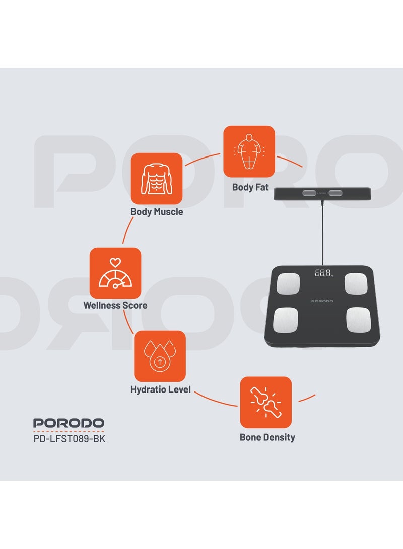 porodo Lifestyle Precise Analysis Smart Scale with 8 Precision Electrodes / 180kg Max Weight / Wellness Score / Body Fat / Bone Density / Body Muscle / Hydration Level - Black - Image 4