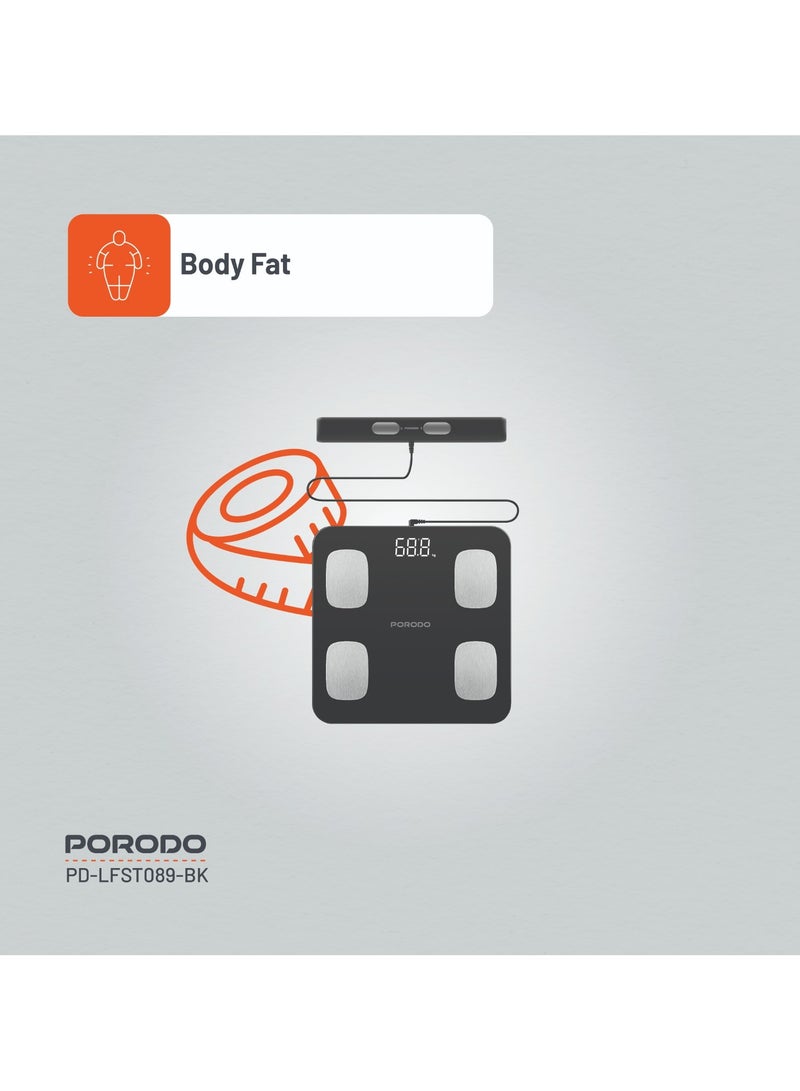 porodo Lifestyle Precise Analysis Smart Scale with 8 Precision Electrodes / 180kg Max Weight / Wellness Score / Body Fat / Bone Density / Body Muscle / Hydration Level - Black - Image 5