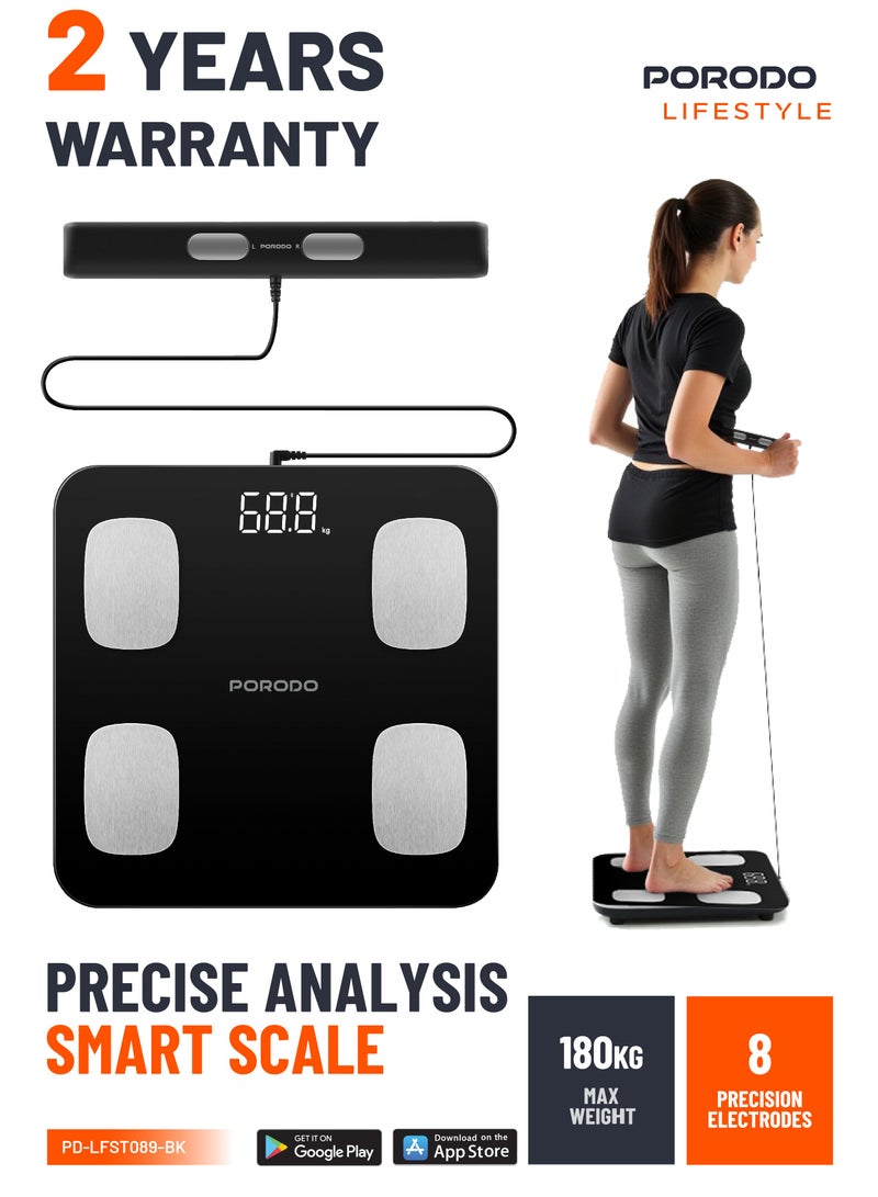 porodo Lifestyle Precise Analysis Smart Scale with 8 Precision Electrodes / 180kg Max Weight / Wellness Score / Body Fat / Bone Density / Body Muscle / Hydration Level - Black - Image 1