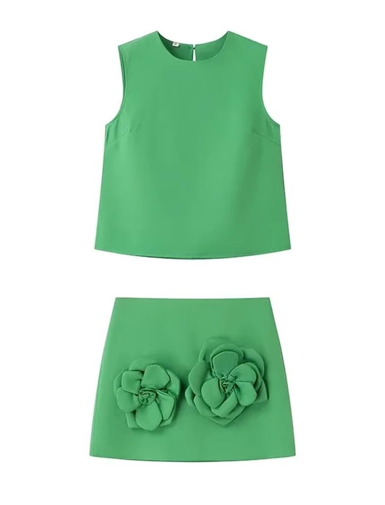 THLAI Summer Women 2 Piece Skirt Sets Sleeveless Crop Tank Top and Mini Skirt Matching with 3D Flower Sexy Short Sets - Image 1