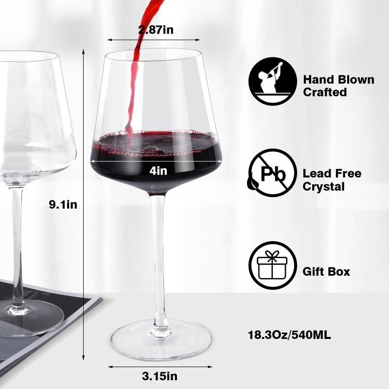 Yaschmo Wine Glasses Set of 4- Hand Blown Crystal, 18 oz Modern Glasses with Tall Stem for Red White Wine, Great Gift Packaging for Daily Use,Unique Wedding Anniversary or Birthday Gift - Image 2