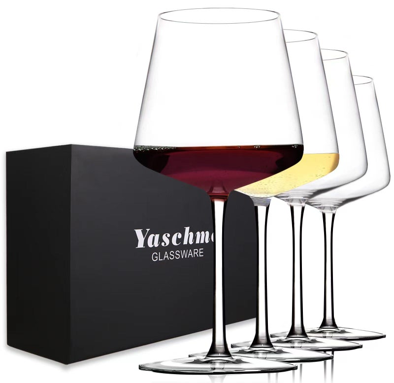 Yaschmo Wine Glasses Set of 4- Hand Blown Crystal, 18 oz Modern Glasses with Tall Stem for Red White Wine, Great Gift Packaging for Daily Use,Unique Wedding Anniversary or Birthday Gift - Image 1