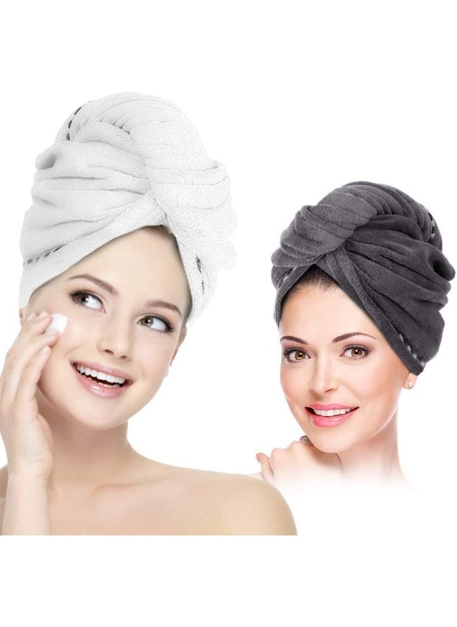 Generic FUN-TEK 2 Pack Hair Towel, Microfiber Hair Towel Wrap Quick Dry Super Absorbent Twist Hair Turban with Buttons Anti-Frizz for Women Girls Long & Curly Hair, White&Gray  - Image 1