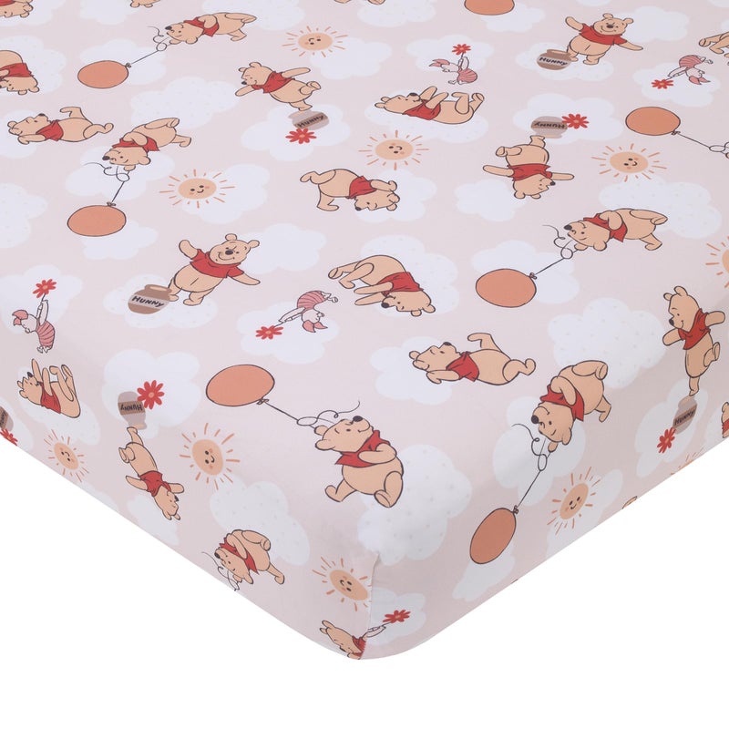 NoJo Disney Winnie The Pooh Tan, Red, and White Piglet, Balloons, and Hunny Pots Super Soft Nursery Fitted Crib Sheet - Image 1