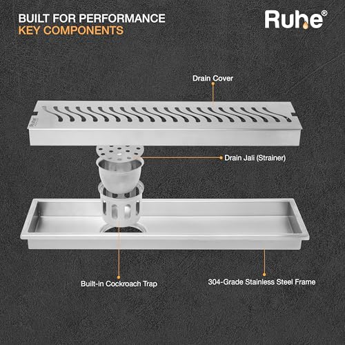 Ruhe® Wave Shower Drain Channel | 18 × 5 Inches | 304 Stainless Steel Shower Water Drain Channel| Floor Drain with Cockroach Trap, Side Hole, and Collar - Image 5