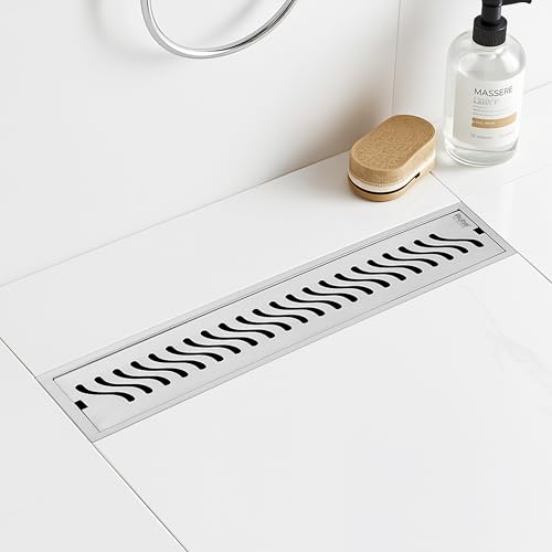 Ruhe® Wave Shower Drain Channel | 18 × 5 Inches | 304 Stainless Steel Shower Water Drain Channel| Floor Drain with Cockroach Trap, Side Hole, and Collar - Image 1