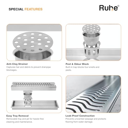 Ruhe® Wave Shower Drain Channel | 18 × 5 Inches | 304 Stainless Steel Shower Water Drain Channel| Floor Drain with Cockroach Trap, Side Hole, and Collar - Image 3