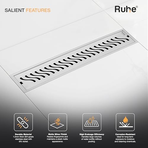 Ruhe® Wave Shower Drain Channel | 18 × 5 Inches | 304 Stainless Steel Shower Water Drain Channel| Floor Drain with Cockroach Trap, Side Hole, and Collar - Image 4