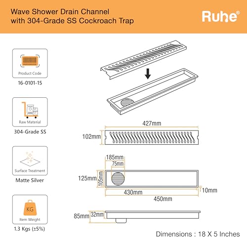 Ruhe® Wave Shower Drain Channel | 18 × 5 Inches | 304 Stainless Steel Shower Water Drain Channel| Floor Drain with Cockroach Trap, Side Hole, and Collar - Image 2