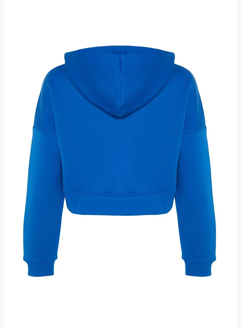 trendyol Saxe Blue Zipper Hooded Relaxed Cut Crop Fleece Knitted Sweatshirt TWOAW20SW0660
