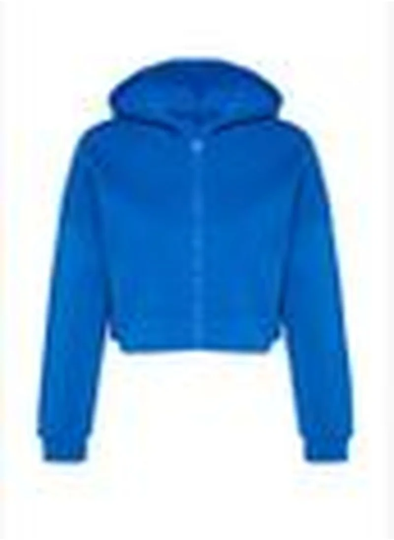 trendyol Saxe Blue Zipper Hooded Relaxed Cut Crop Fleece Knitted Sweatshirt TWOAW20SW0660