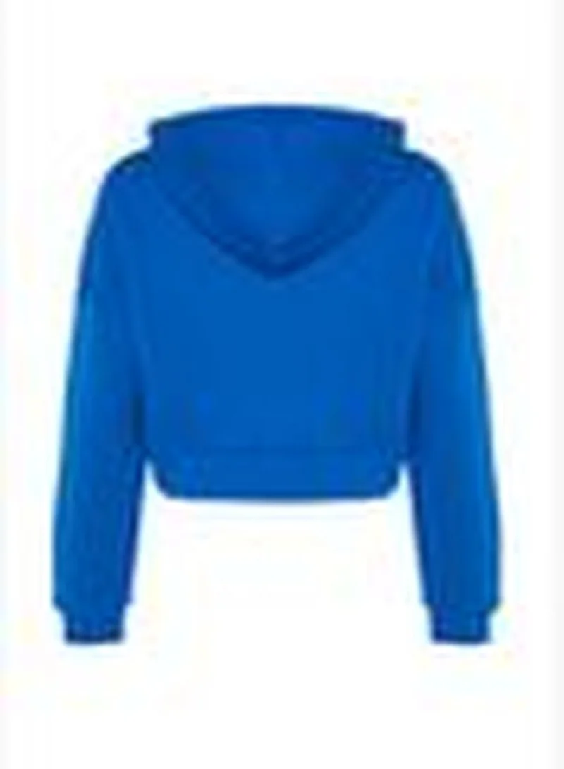 trendyol Saxe Blue Zipper Hooded Relaxed Cut Crop Fleece Knitted Sweatshirt TWOAW20SW0660