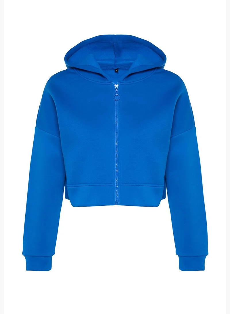 trendyol Saxe Blue Zipper Hooded Relaxed Cut Crop Fleece Knitted Sweatshirt TWOAW20SW0660