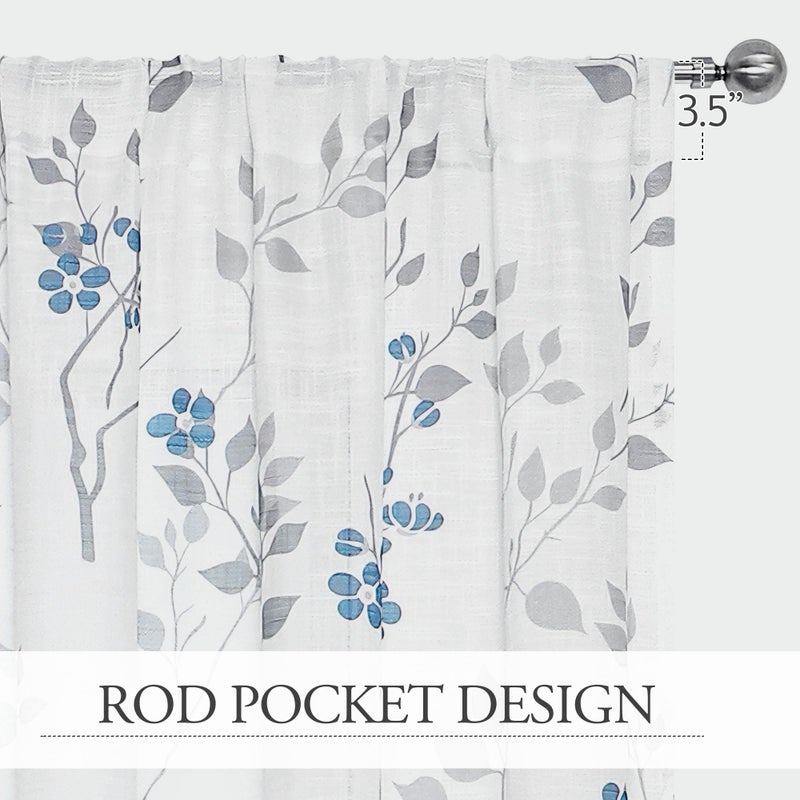Beauoop Floral Linen Semi Sheer Curtains 84 Inches Long 2 Panels for Living Room Bedroom Blue Grey Farmhouse Flower Patterned Light Filtering Textured Rod Pocket Window Treatments Drapes, 50x84 2 Set - Image 2