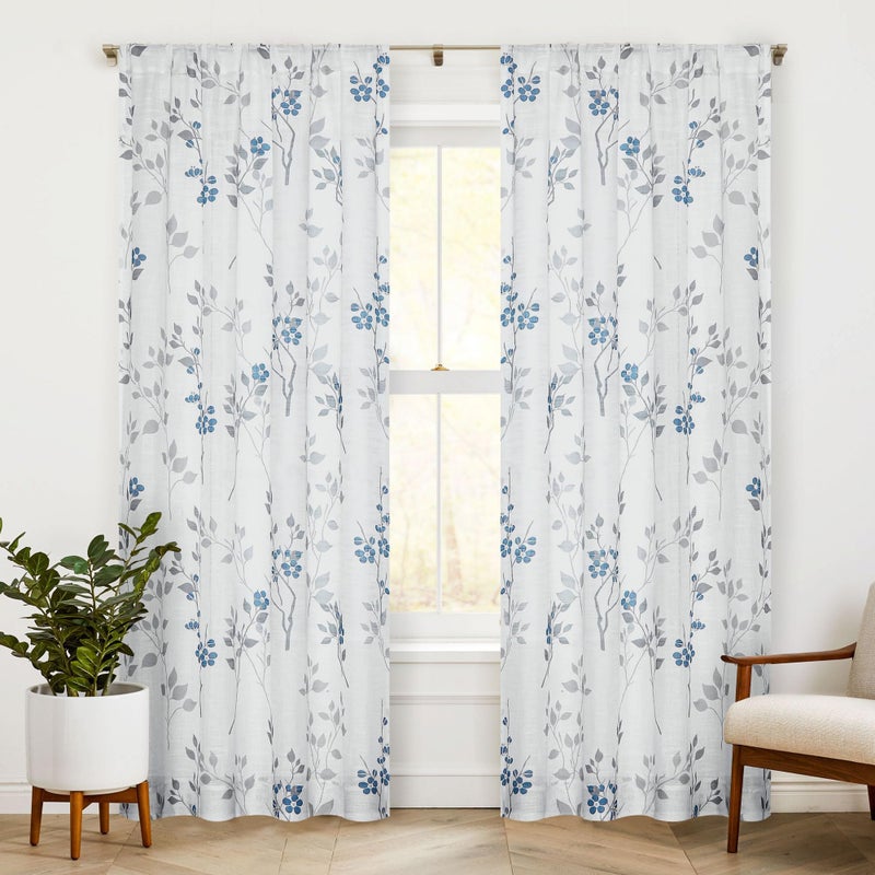 Beauoop Floral Linen Semi Sheer Curtains 84 Inches Long 2 Panels for Living Room Bedroom Blue Grey Farmhouse Flower Patterned Light Filtering Textured Rod Pocket Window Treatments Drapes, 50x84 2 Set - Image 1