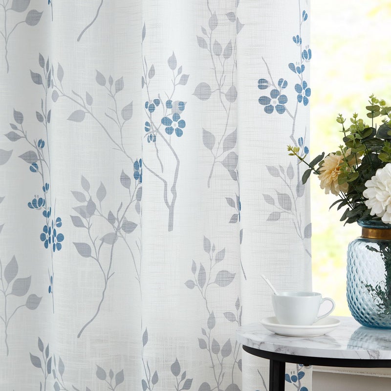 Beauoop Floral Linen Semi Sheer Curtains 84 Inches Long 2 Panels for Living Room Bedroom Blue Grey Farmhouse Flower Patterned Light Filtering Textured Rod Pocket Window Treatments Drapes, 50x84 2 Set - Image 4