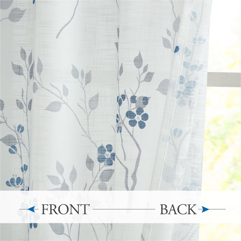 Beauoop Floral Linen Semi Sheer Curtains 84 Inches Long 2 Panels for Living Room Bedroom Blue Grey Farmhouse Flower Patterned Light Filtering Textured Rod Pocket Window Treatments Drapes, 50x84 2 Set - Image 3