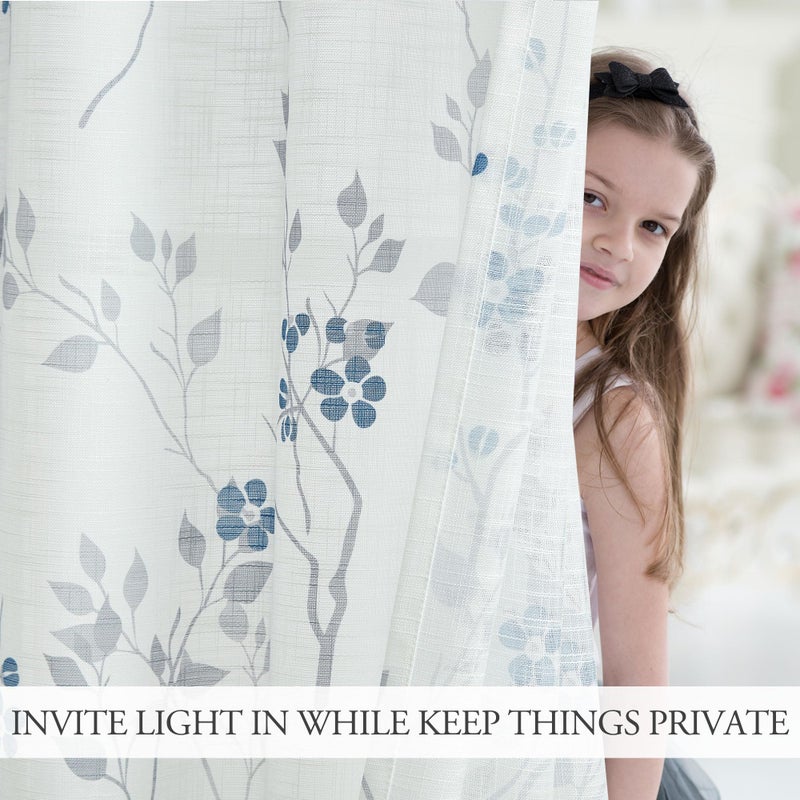 Beauoop Floral Linen Semi Sheer Curtains 84 Inches Long 2 Panels for Living Room Bedroom Blue Grey Farmhouse Flower Patterned Light Filtering Textured Rod Pocket Window Treatments Drapes, 50x84 2 Set - Image 5