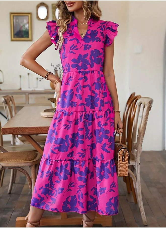 Take Two Take Two Floral Print Ruffled Sleeve Tiered Midi Dress