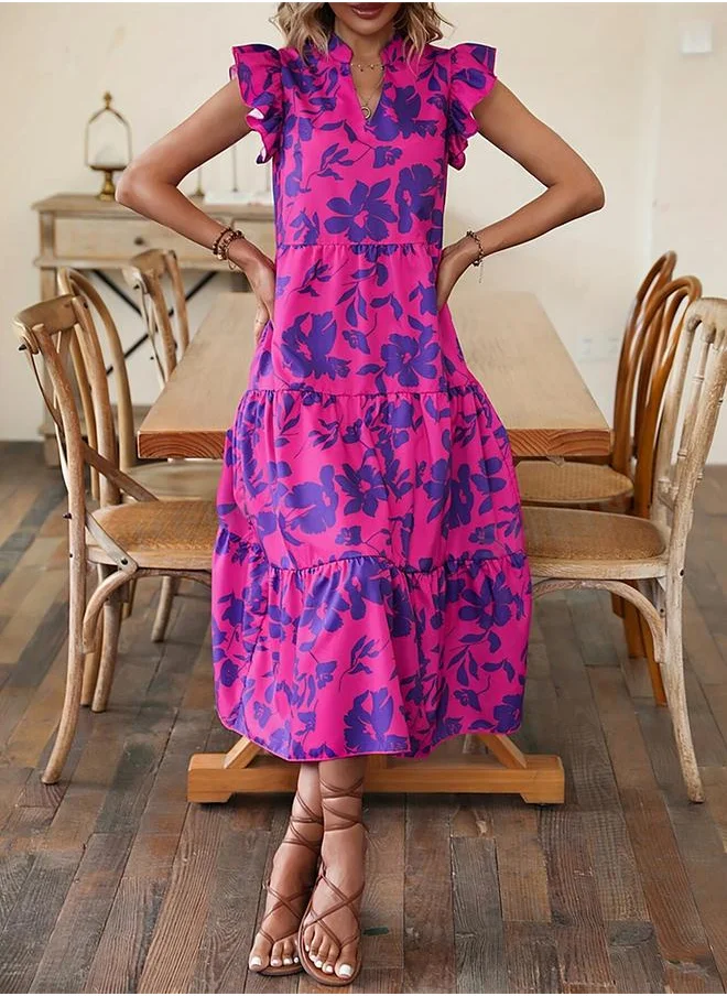 Take Two Take Two Floral Print Ruffled Sleeve Tiered Midi Dress