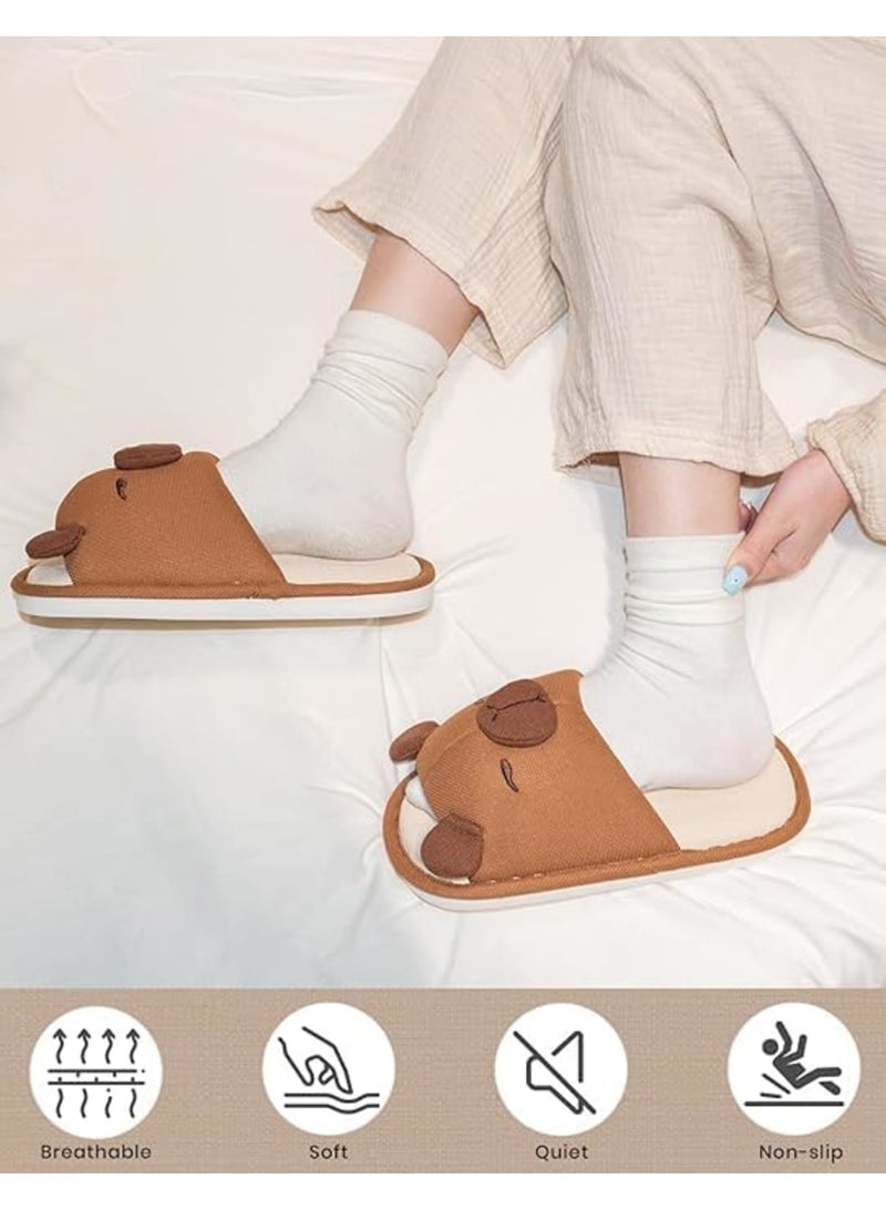 SYOSI Capybara Slippers for Women and Men, Indoor Cartoon Animal House Shoes, Soft Cotton Linen Warm Winter Home Slippers, Non Slip Cozy Footwear for Bedroom Living Room Dorm, Size 38-39, Brown - Image 3