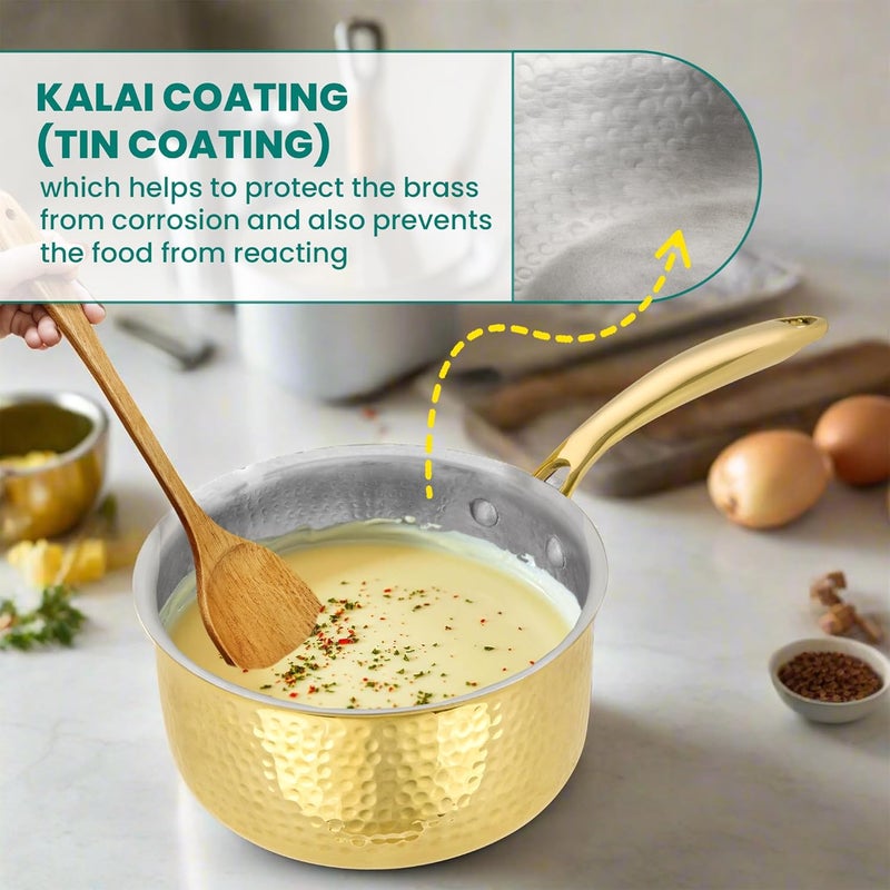 Pipal Brass Saucepan 1500 ml Milk PanTea Pan with with Kalai Coating Brass Lid Brass Handle Golden Tin Coated 100 Pure Brass NonToxic Cookware - Image 2