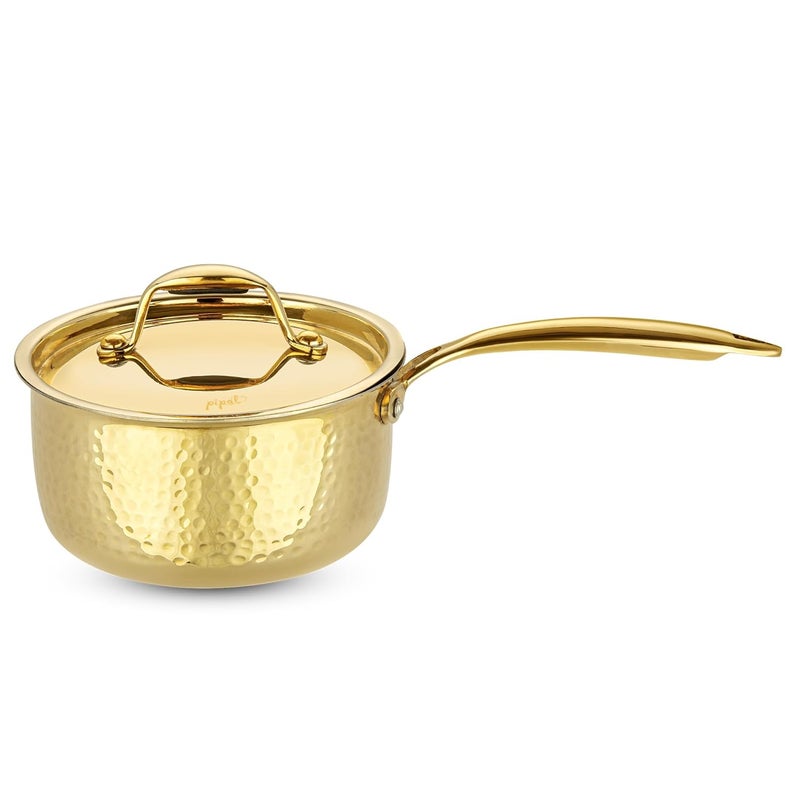 Pipal Brass Saucepan 1500 ml Milk PanTea Pan with with Kalai Coating Brass Lid Brass Handle Golden Tin Coated 100 Pure Brass NonToxic Cookware - Image 1