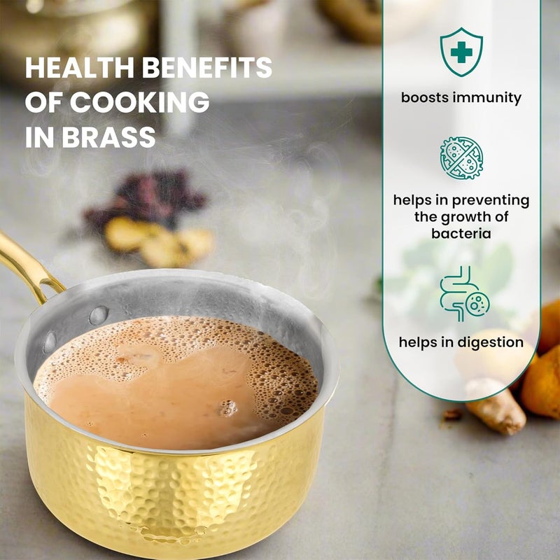 Pipal Brass Saucepan 1500 ml Milk PanTea Pan with with Kalai Coating Brass Lid Brass Handle Golden Tin Coated 100 Pure Brass NonToxic Cookware - Image 4