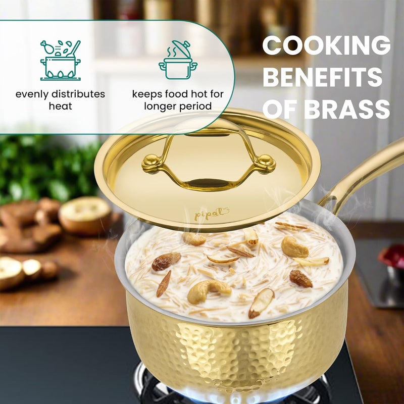 Pipal Brass Saucepan 1500 ml Milk PanTea Pan with with Kalai Coating Brass Lid Brass Handle Golden Tin Coated 100 Pure Brass NonToxic Cookware - Image 5