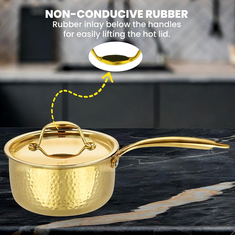 Pipal Brass Saucepan 1500 ml Milk PanTea Pan with with Kalai Coating Brass Lid Brass Handle Golden Tin Coated 100 Pure Brass NonToxic Cookware - Image 3