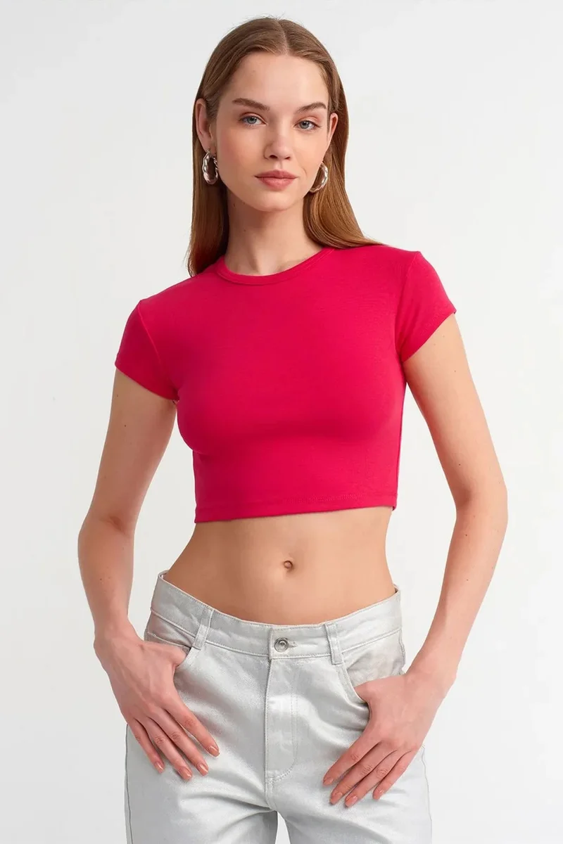 Dilvin Bright Pink DILVIN Women's Crop Slim-Fit Crew Neck T-Shirt for Women | Best Price UAE