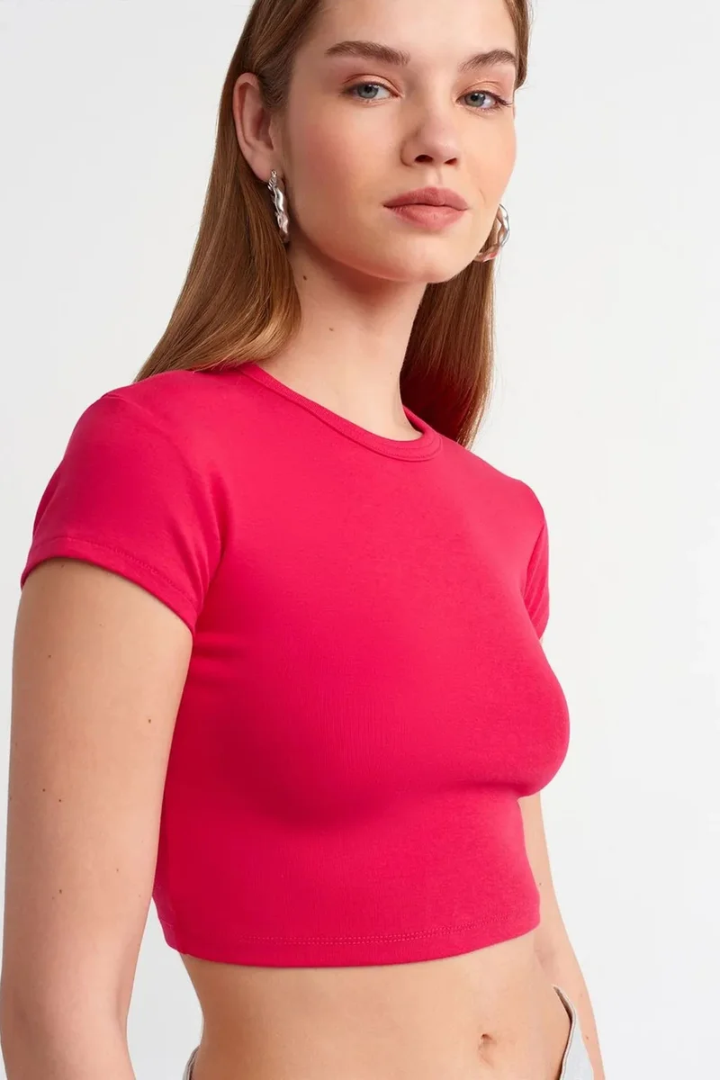 Dilvin Bright Pink DILVIN Women's Crop Slim-Fit Crew Neck T-Shirt for Women | Best Price UAE