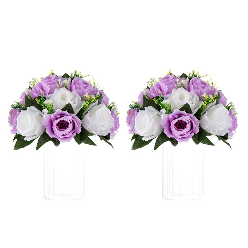 NUPTIO Flower Wedding Centrepieces for Tables - 2 Pcs 9.5in Diameter Lilac & White Artificial Flowers Rose Ball for Centerpieces Table - Fake Rose Arrangements for Weddings Birthday Party Decor - Image 1