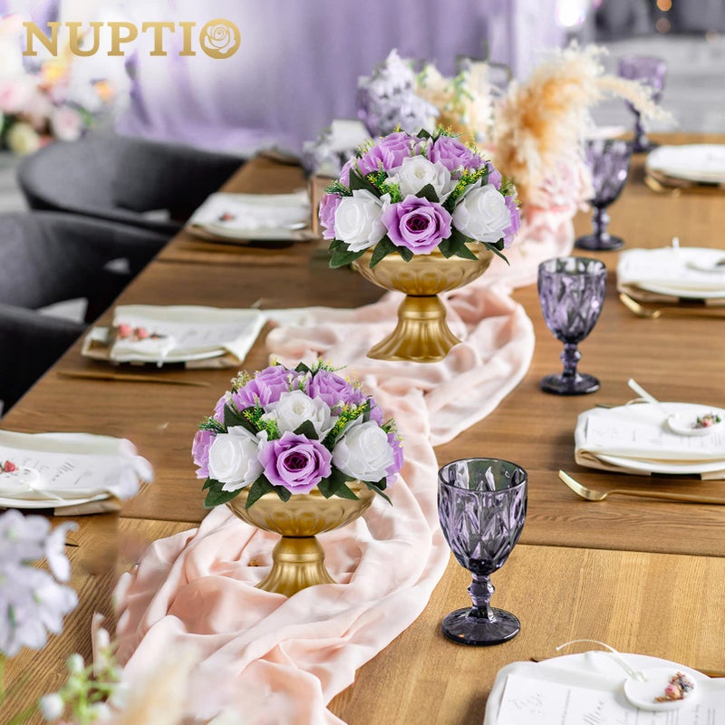 NUPTIO Flower Wedding Centrepieces for Tables - 2 Pcs 9.5in Diameter Lilac & White Artificial Flowers Rose Ball for Centerpieces Table - Fake Rose Arrangements for Weddings Birthday Party Decor - Image 2
