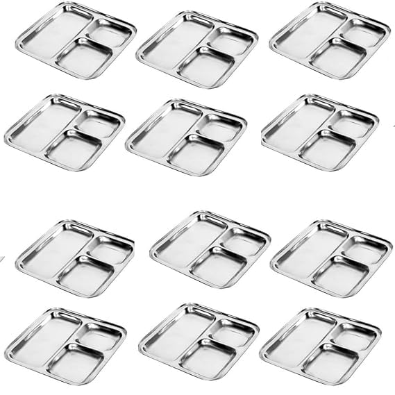 BLISS START Stainless Steel 3 in 1 Pav Bhaji Plate | Pav Bhaji Plates for Restaurant | Partition Plates | 3 in 1 Mess Plate Steel | Plates for Lunch/Dinner/Kids Plate (12) - Image 1