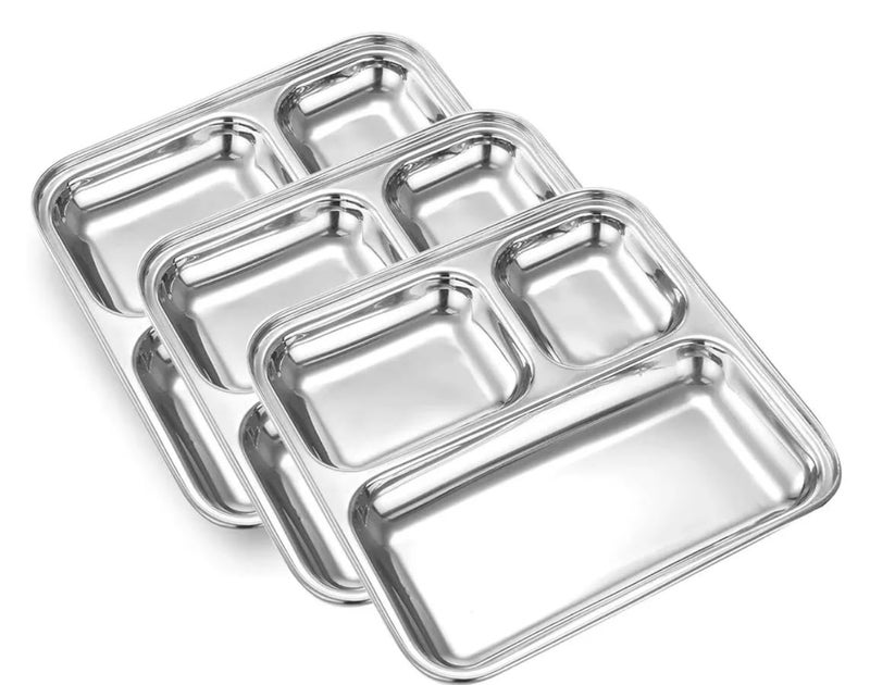 BLISS START Stainless Steel 3 in 1 Pav Bhaji Plate | Pav Bhaji Plates for Restaurant | Partition Plates | 3 in 1 Mess Plate Steel | Plates for Lunch/Dinner/Kids Plate (12) - Image 4
