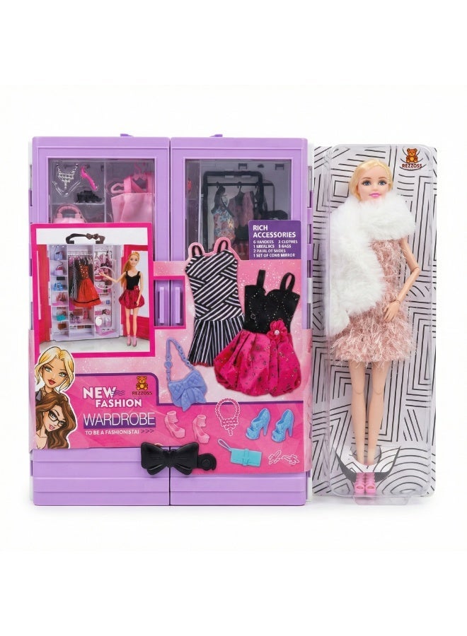REZZOSS New Fashion Doll & Ultimate Closet Wardrobe Playset – Over 15 Clothes, Dresses & Accessories with Barbie Doll | Poseable Girl Doll with White Fur Stole & Purple Storage Trunk | Dress Up Pretend Play Toy | Best Birthday Eid Ramadan Christmas Gift for Girls - Image 1